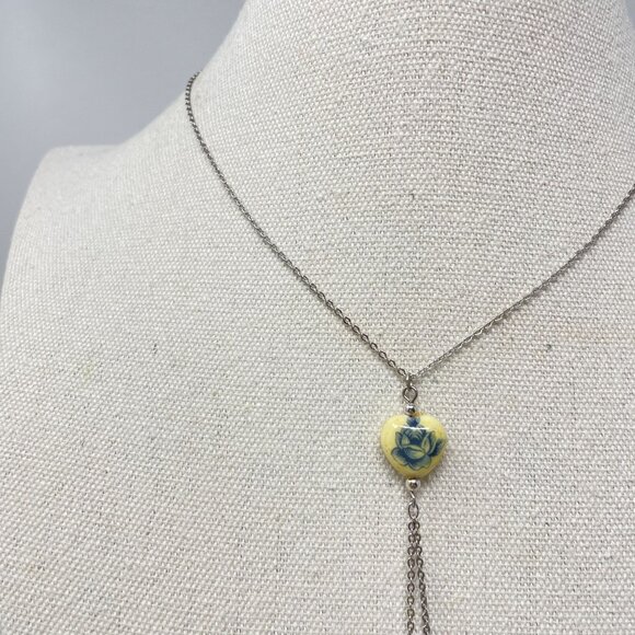Vintage Japan Necklace & Bracelet Set Blue Rose Y-Drop Chain Dainty Heart - Picture 4 of 13